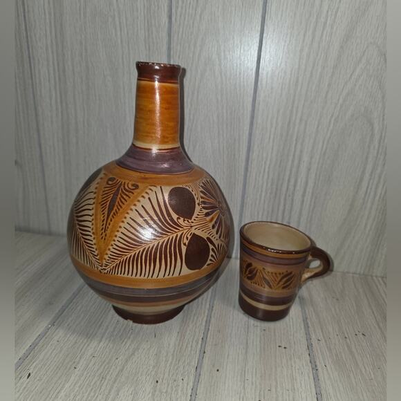 Vtg Tonala Mexican Pottery Bedside Water Pitcher W/Cup Handmade Botellon Vase - Picture 5 of 8